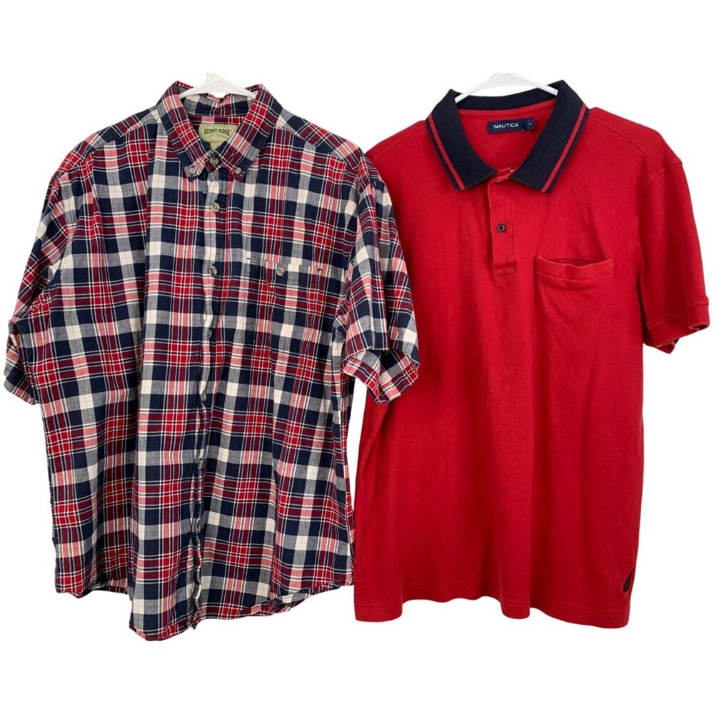 Lot Of 2 Mens XL Shirts Rustic Ridge Plaid Button-Down & Nautica Red Polo 8852